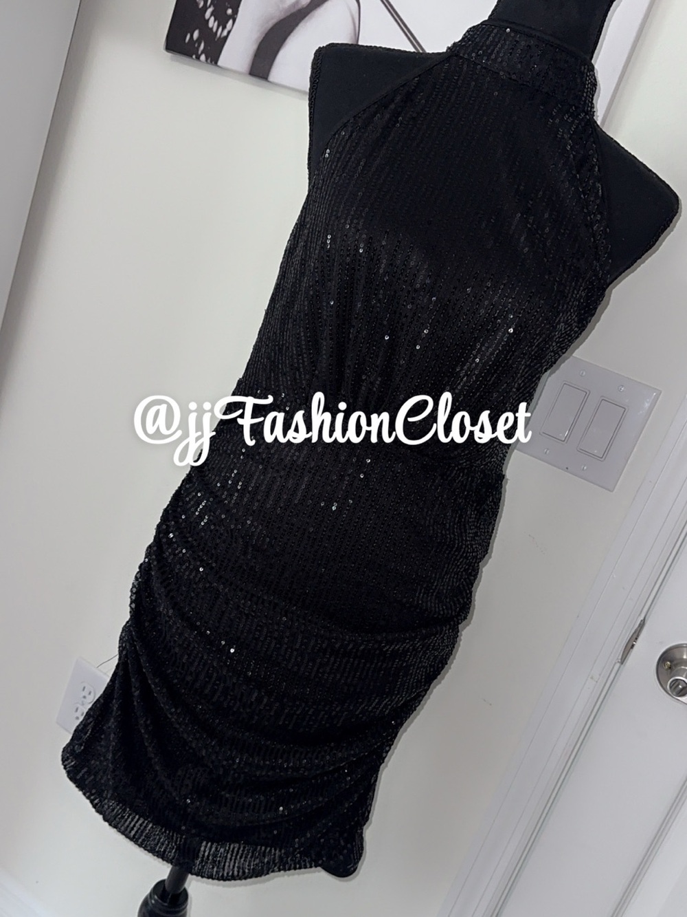 Black Sequin Halter Cocktail Dress -